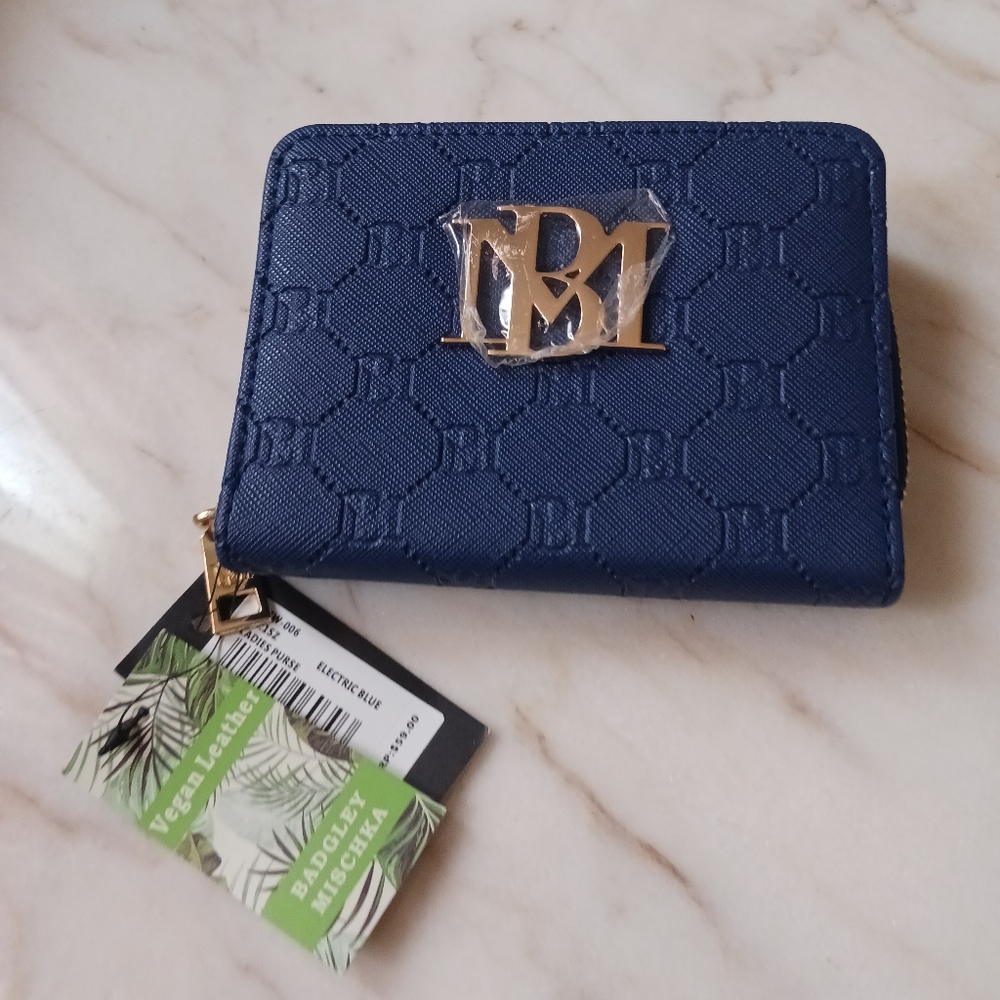 Badgley Mischka Blue Wallet with Gold Logo